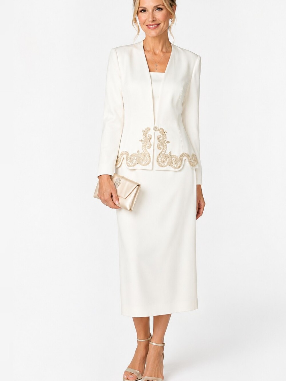 KAREN MILLER Elegant Ivory Three-Piece Skirt Suit with Gold Embellishment